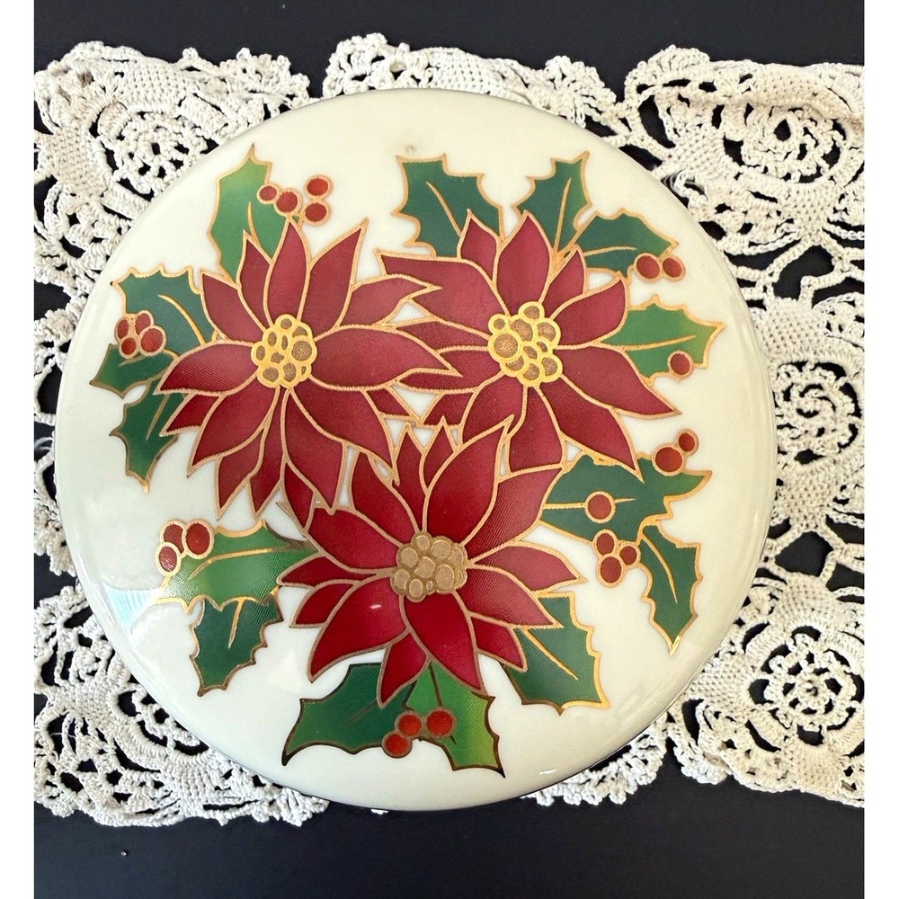 Lefton Round Ceramic Musical Poinsettia Jewelry Box Velvet Lined Works great!